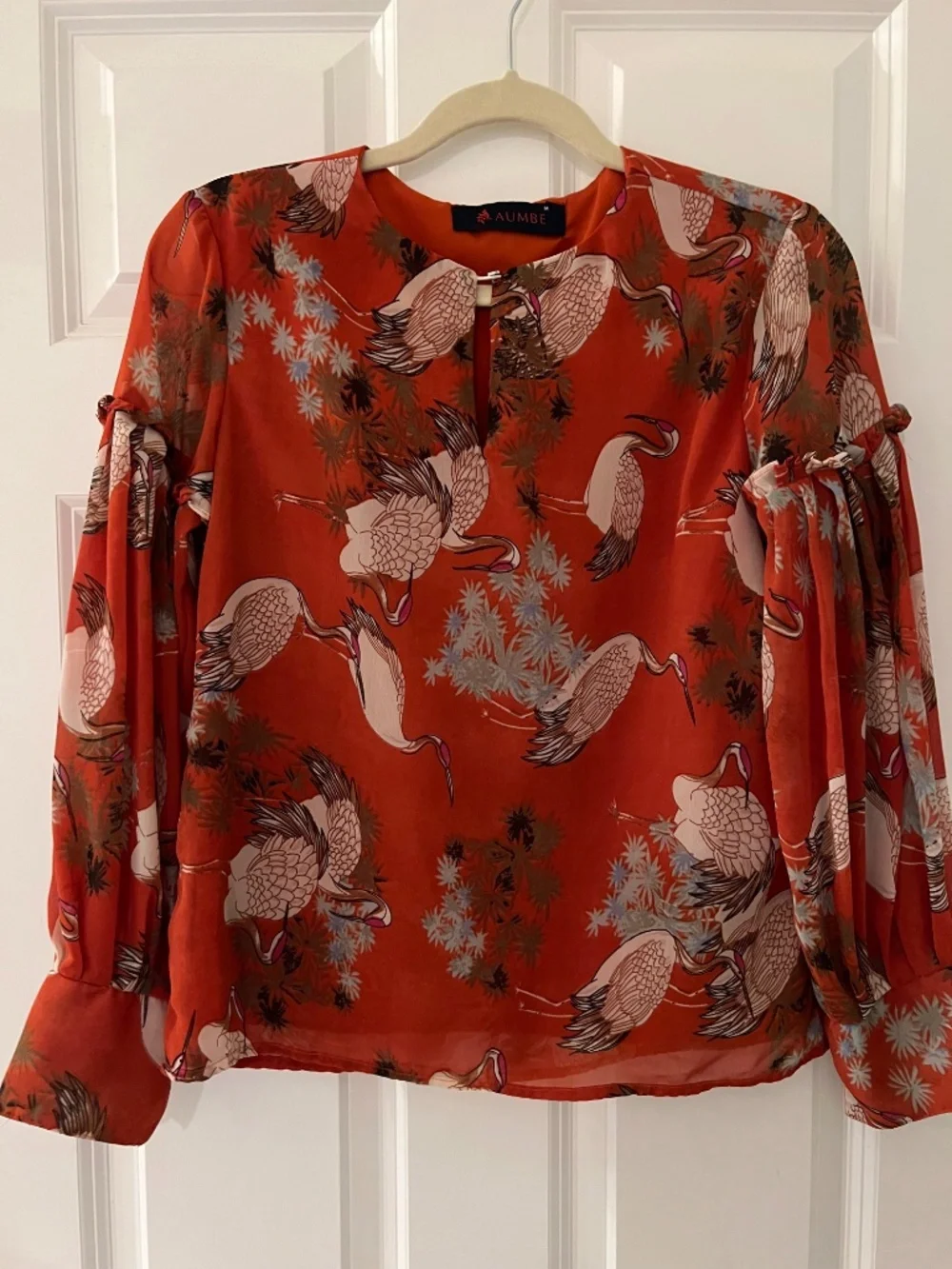 AUMBE Crane Print Tie Sleeve Blouse Orange Rust Size M